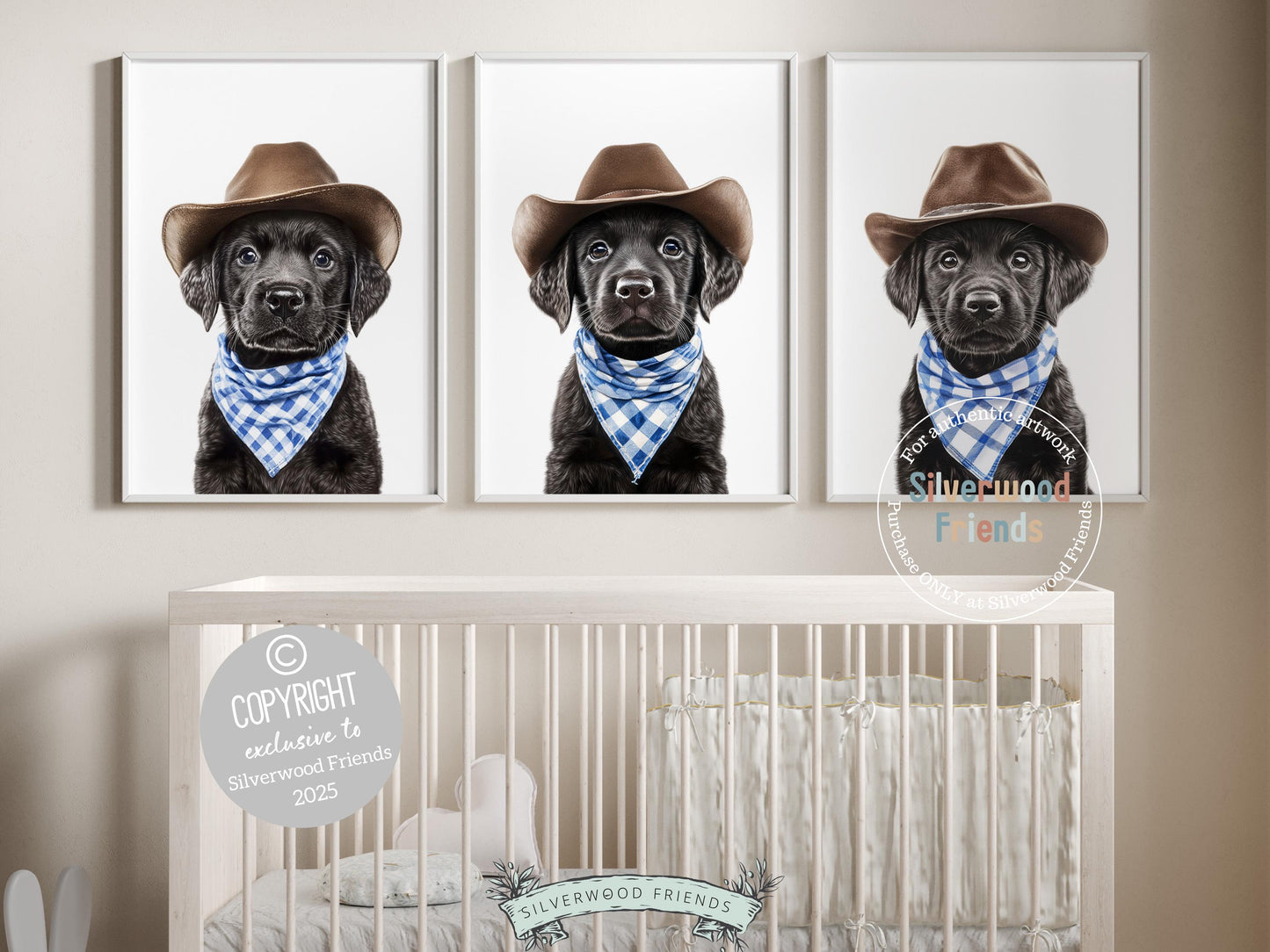 Aww! Cuteness overload! Add a touch of rustic charm to your baby's nursery with our Cowboy Nursery Prints, featuring adorable black labrador puppies dressed in cowboy hats and blue check bandanas. Perfect for dog-loving families, this heartwarming artwork brings a playful western vibe and makes a thoughtful baby shower gift.
