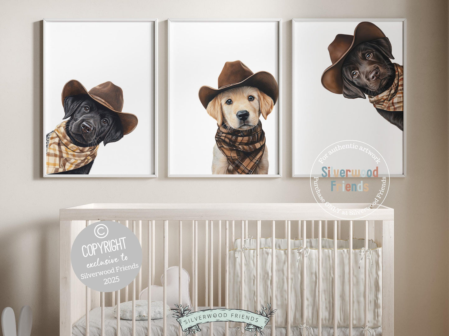 Cuteness overload! Bring rustic charm to your baby’s nursery with our Cowboy Nursery Prints, featuring adorable peeking chocolate, yellow, and black Labrador puppies wearing cowboy hats and neutral brown check bandanas. Perfect for dog-loving families, this heartwarming artwork adds a playful western touch and makes a unique, thoughtful baby shower gift.