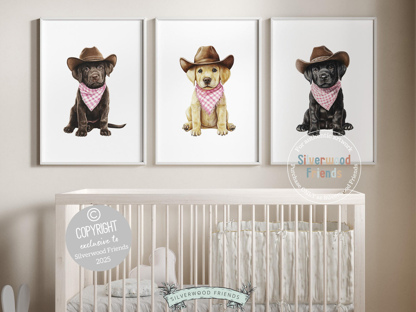 Total cuteness overload! Bring a touch of rustic charm to your baby girl's nursery with our Cowboy Nursery Prints, featuring sweet chocolate, yellow, and black Labrador puppies sitting all decked out in cowboy hats and pink-and-white check bandanas. Perfect for dog-loving families, this playful western artwork adds warmth and makes a one-of-a-kind, thoughtful baby shower gift.