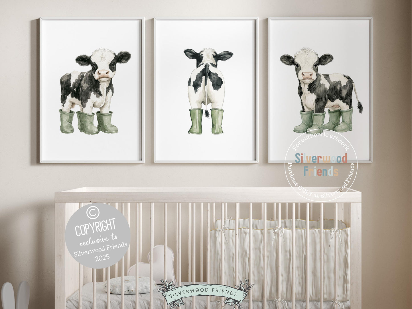 Cow Nursery Print, Sage Green Highland Cow Nursery Decor, Black and White Cow Picture,Cowboy Western Farm Animal Nursery Decor Digital Print