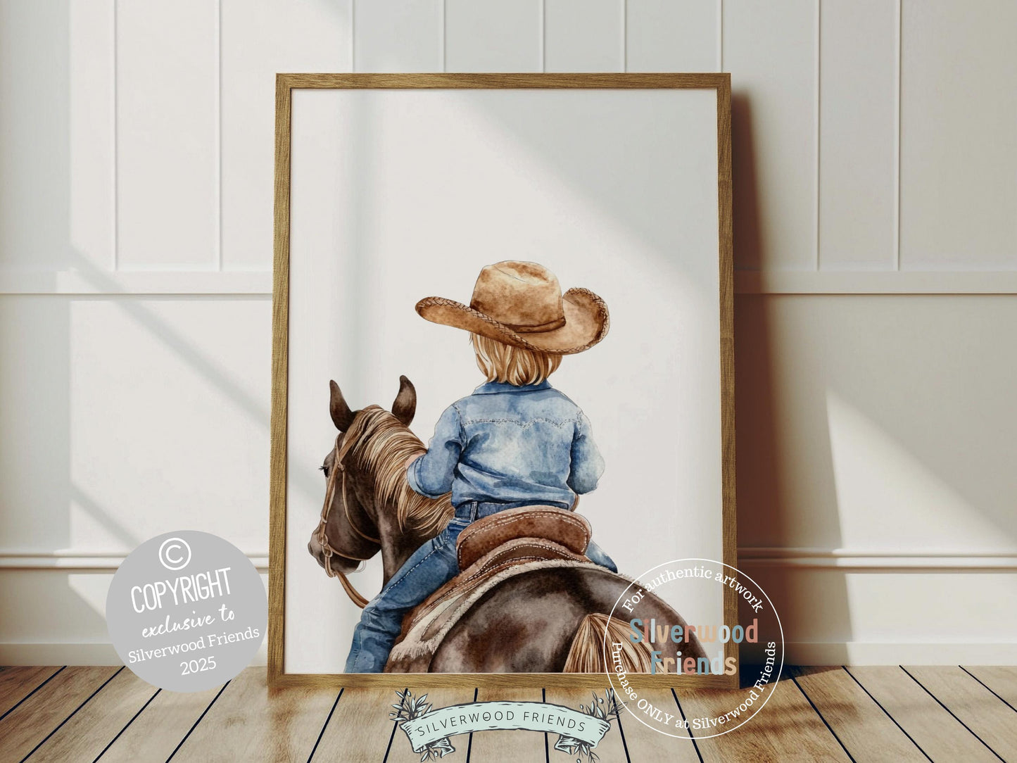 Add a touch of rustic charm to your baby boy's nursery with our Cowboy Nursery Print, featuring an adorable little blonde cowboy riding his trusty brown horse. Perfect for western themed decor and a thoughtful baby shower gift for horse loving families.