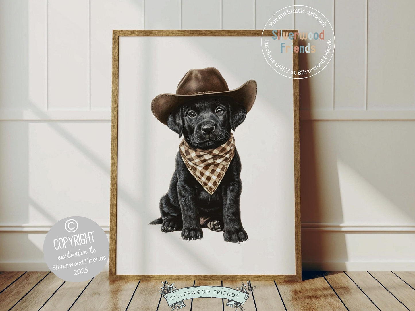 Howdy, little wrangler! This charming nursery print features an adorable black Labrador puppy nestled in a cowboy hat, sporting a brown check bandana for that perfect western flair. A must-have for dog-loving families, it brings cozy country charm to any space and makes a thoughtful baby shower gift. š¶š¤ š¤