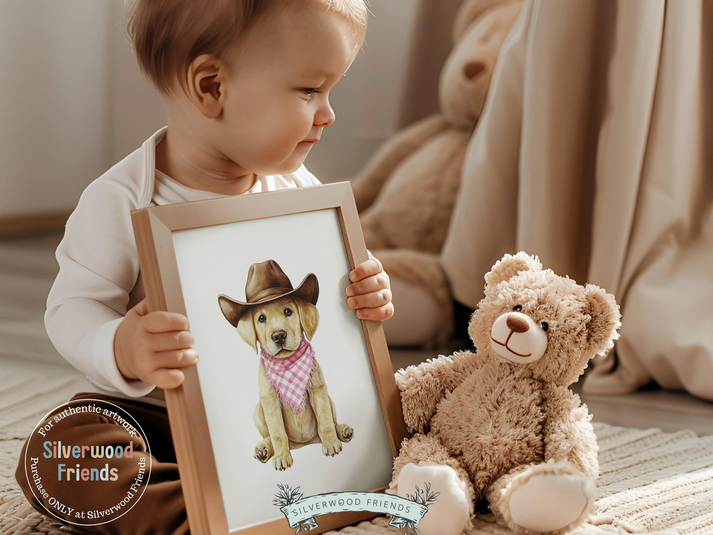 Labrador Dog Cowboy Hat Print, Baby Girl Pink Cowboy Western Dog Nursery Decor, Dog Nursery Wall Art, Labrador Pet Portrait Digital Print