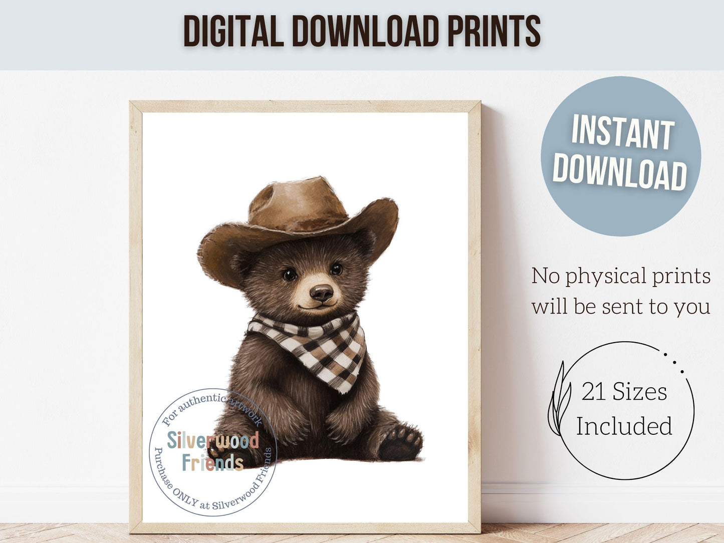 Woodland Bear Nursery Print, Cowboy Bear Nursery Decor, Neutral Western Nursery Decor, Baby Woodland Bear Nursery Wall Art Digital Print