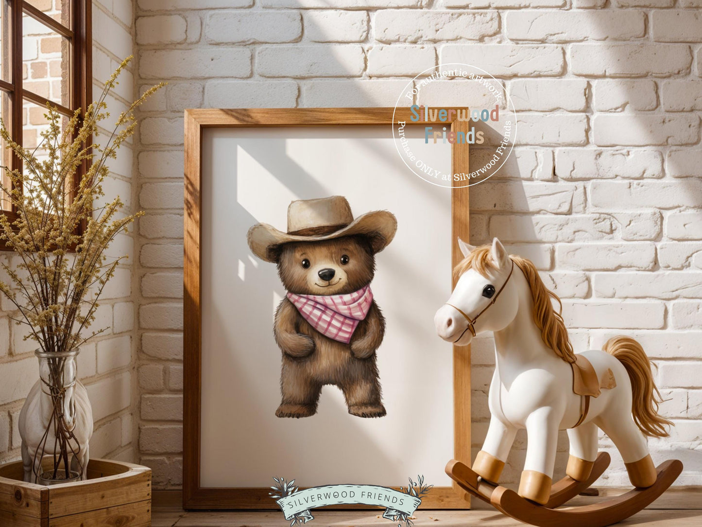 Woodland Bear Nursery Print, Baby Girl Cowgirl Western Nursery Decor, Pink Cowgirl Bear Nursery Wall Art, Girls Farmhouse Room Digital Print