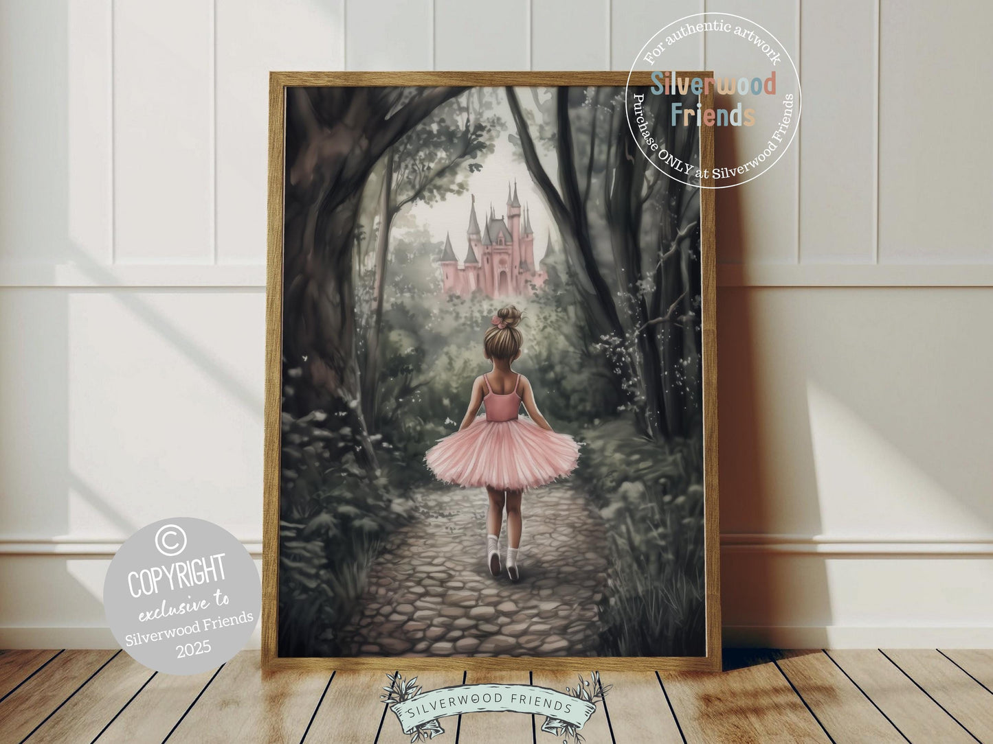 Bring a touch of fairytale magic to your baby girl’s nursery with our enchanting Princess Nursery Print, featuring a sweet ballerina walking toward a hidden castle in the woods. Perfect for a princess-themed space, this dreamy artwork captures the wonder of childhood and the charm of storybook adventures. 👑