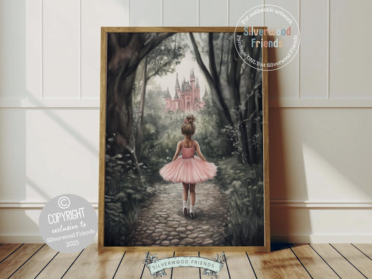 Bring a touch of fairytale magic to your baby girl’s nursery with our enchanting Princess Nursery Print, featuring a sweet ballerina walking toward a hidden castle in the woods. Perfect for a princess-themed space, this dreamy artwork captures the wonder of childhood and the charm of storybook adventures. 👑