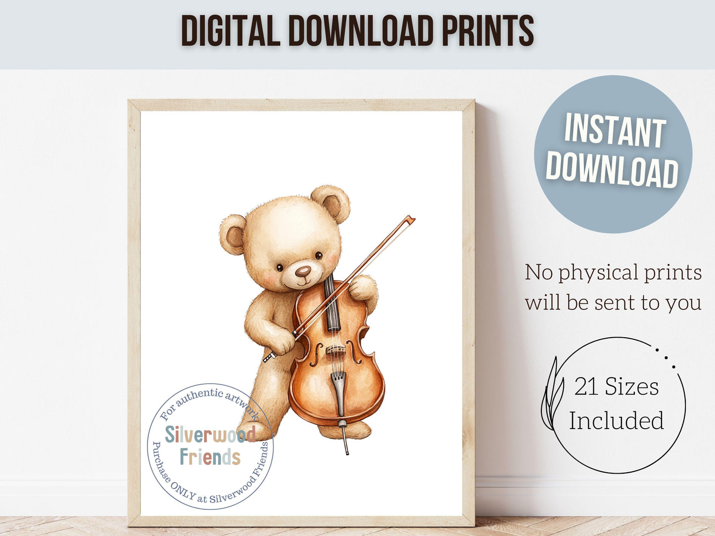 Teddy Bear Music Nursery Prints, Music Nursery Decor, Animals Playing Instruments, Bear Nursery Wall Art,Music Classroom Decor Digital Print