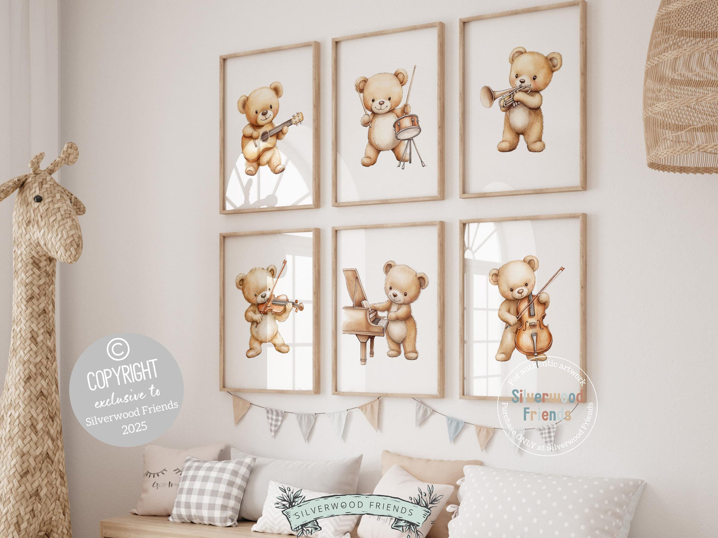 Add a sweet musical touch to your little one’s room with our adorable Musical Teddy Bear Nursery Prints! Featuring teddy bears playing instruments like the guitar, drums, trumpet, violin, piano, and cello, they’re perfect for music-themed nursery decor and make a thoughtful gender-neutral baby shower gift for music-loving families. 🎶🐻