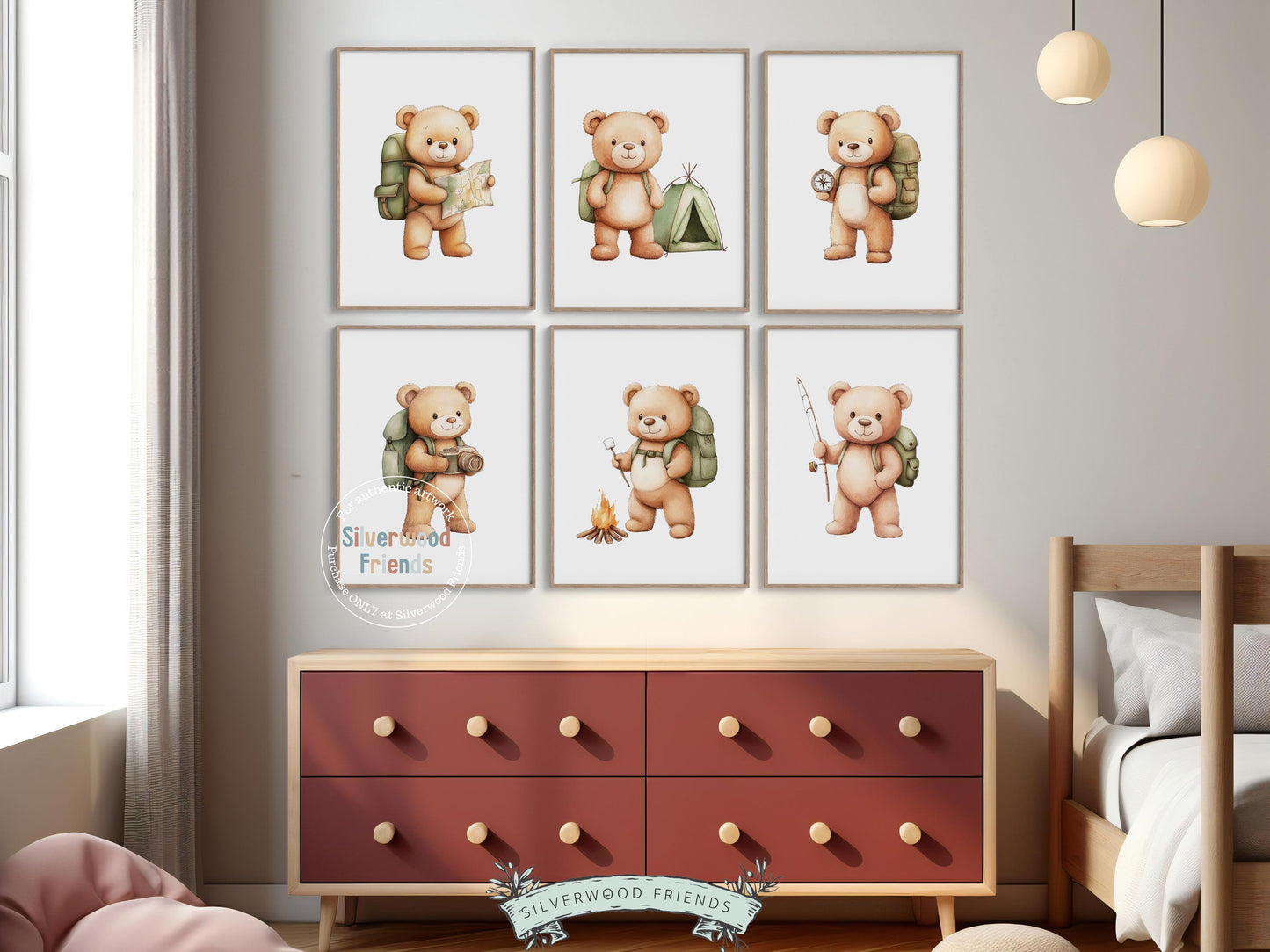 Camping Nursery Prints, Woodland Hiking Adventure Nursery Decor, Teddy Bear Fishing Neutral Nursery Wall Art, Nature Nursery Digital Prints