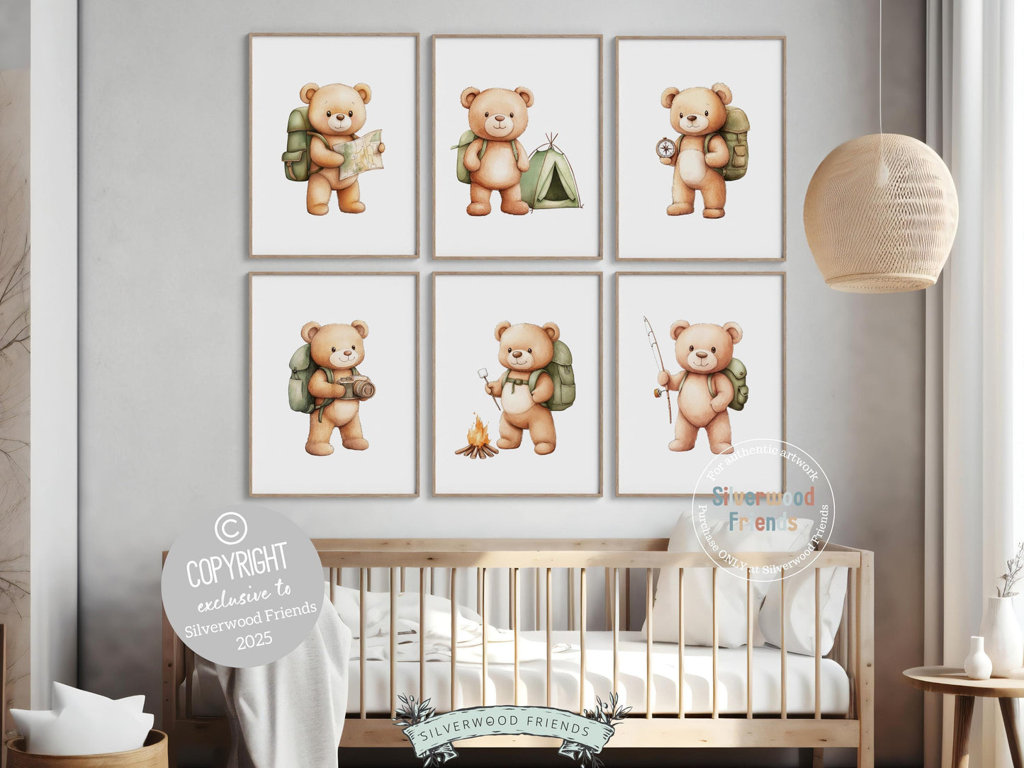 Camping Nursery Prints, Woodland Hiking Adventure Nursery Decor, Teddy Bear Fishing Neutral Nursery Wall Art, Nature Nursery Digital Prints