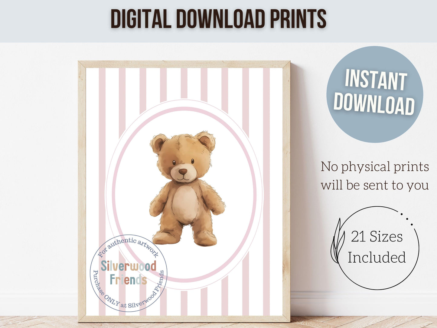 Baby Bear Nursery Prints, Baby Girl Pink Woodland Bear Nursery Decor, Teddy Bear Nursery Wall Art, Baby Girl Woodland Animal Digital Prints