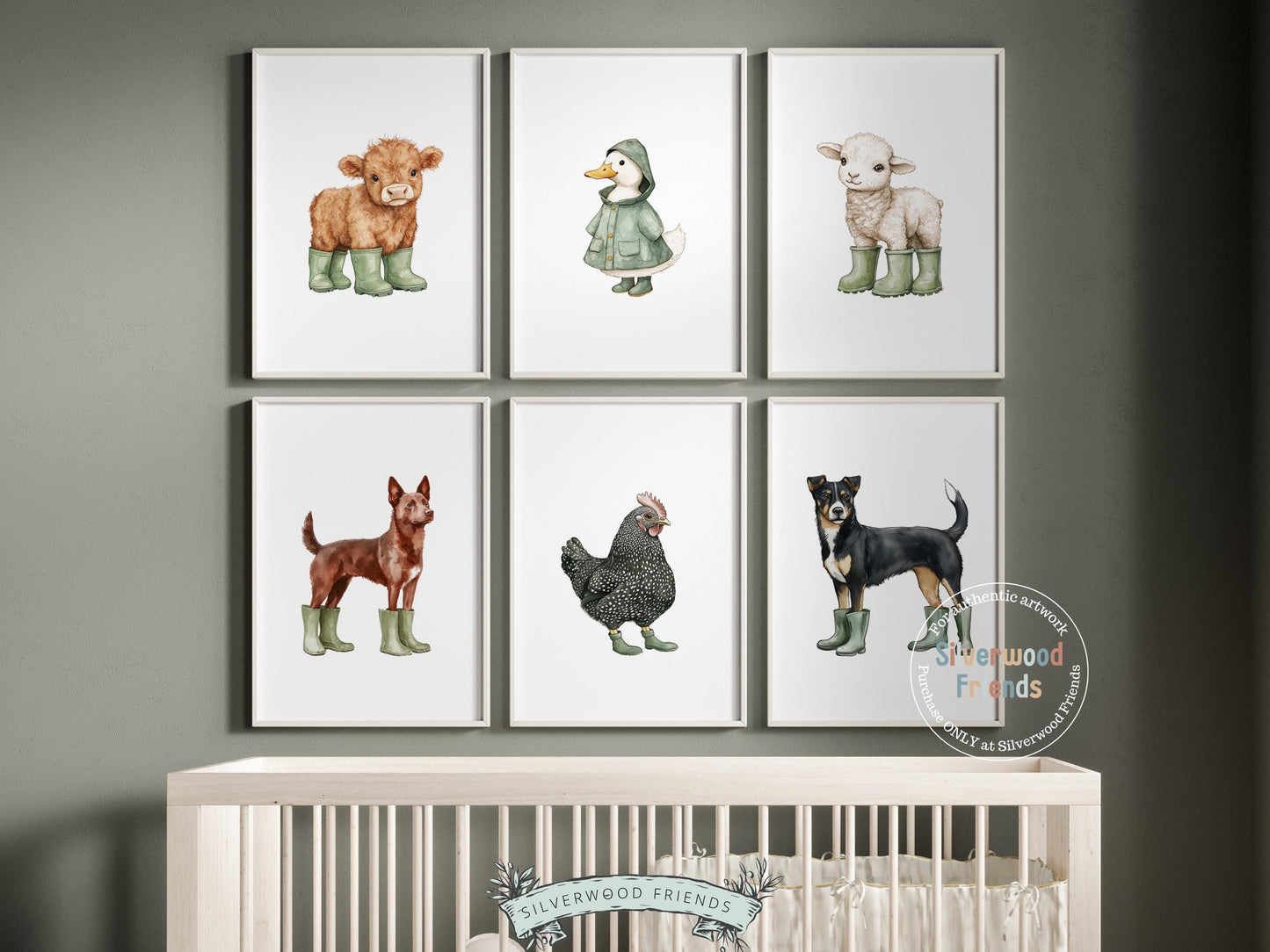 Baby Farm Animal Nursery Prints, Sage Green Highland Cow Western Nursery Decor, Green Dog Nursery Wall Art, Duck in Rainboots Digital Print