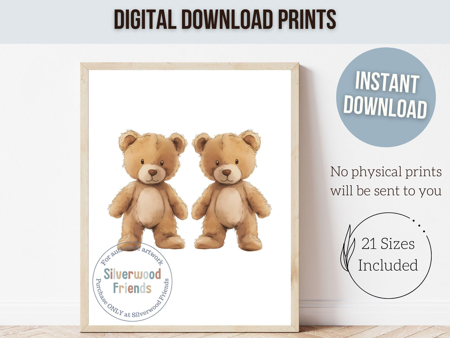 Teddy Bear Nursery Prints, Twin Sibling Woodland Teddy Bear Nursery Decor, Teddy Bear Twins Nursery Wall Art Neutral Nursery Digital Print