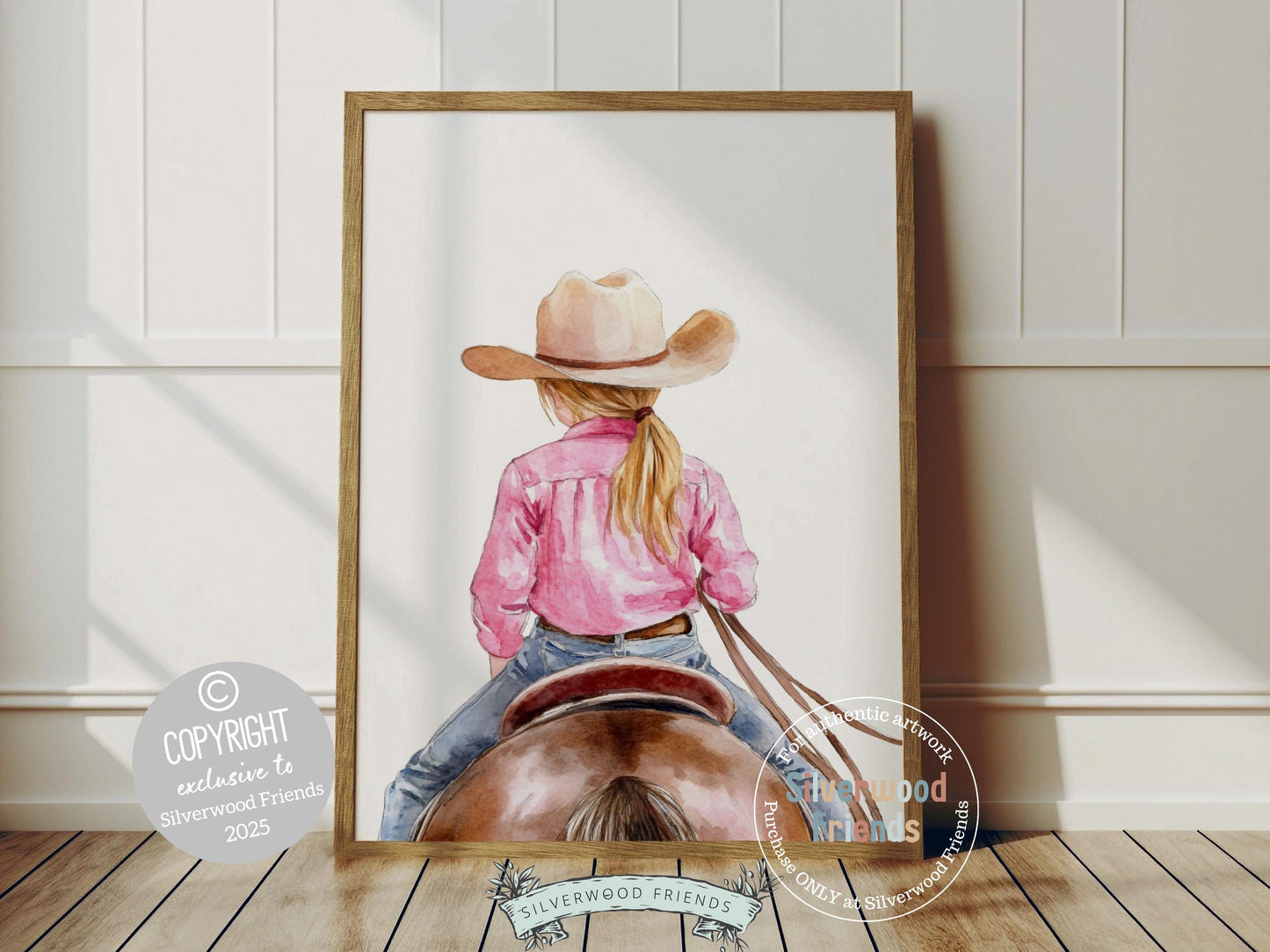 Immerse yourself in the timeless bond between cowgirl and horse with our enchanting watercolor print, depicting a little blonde girl riding her beloved brown horse.