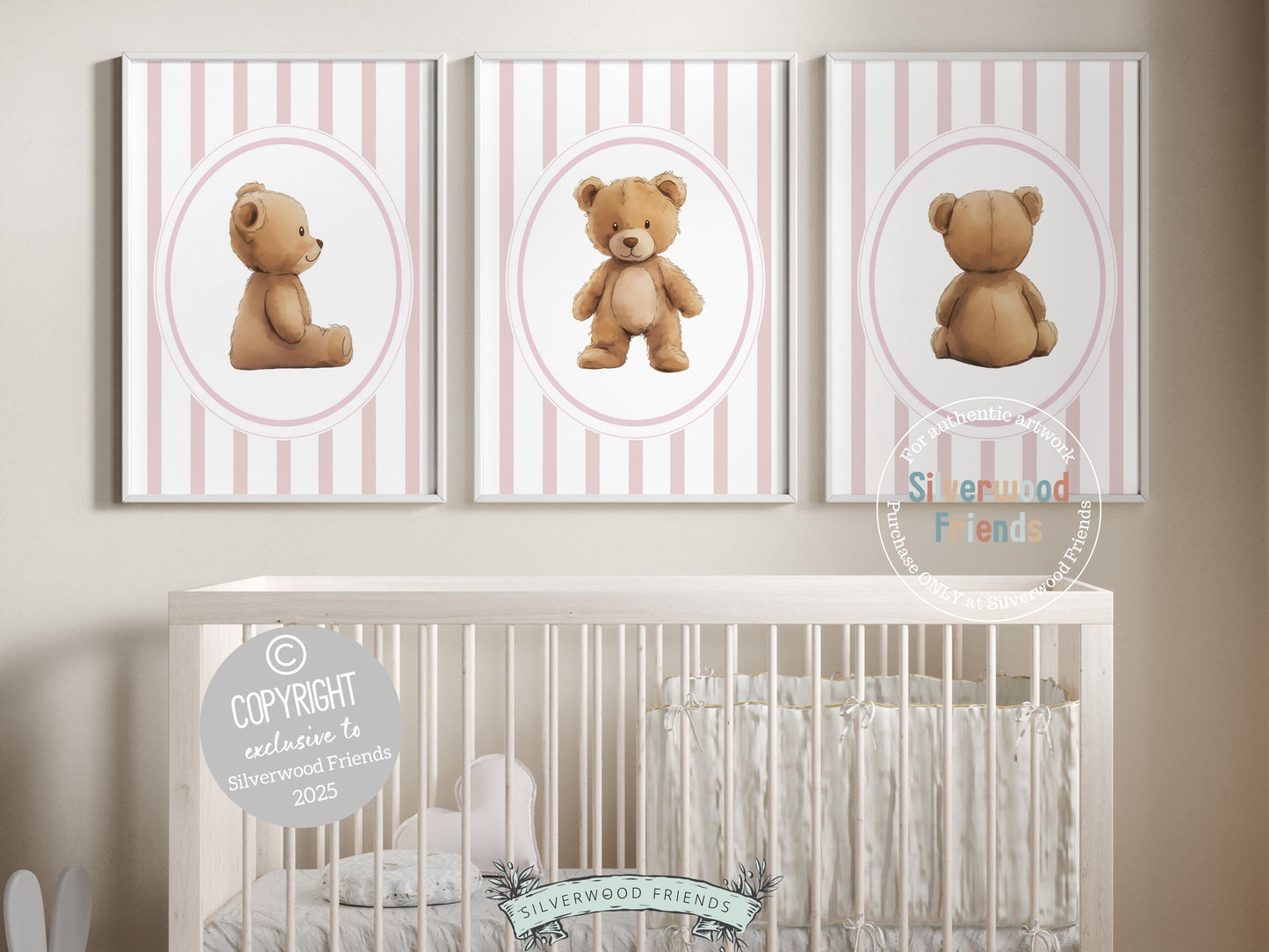 Baby Bear Nursery Prints, Baby Girl Pink Woodland Bear Nursery Decor, Teddy Bear Nursery Wall Art, Baby Girl Woodland Animal Digital Prints
