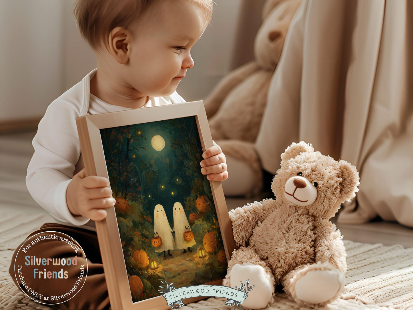 Pumpkin Patch Ghost Landscape, Halloween Printable Wall Art, Cozy Fall Landscape Decor, Ghost Oil Painting Print, Spooky Digital Download