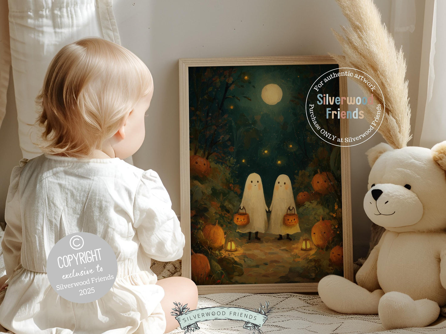 Pumpkin Patch Ghost Landscape, Halloween Printable Wall Art, Cozy Fall Landscape Decor, Ghost Oil Painting Print, Spooky Digital Download