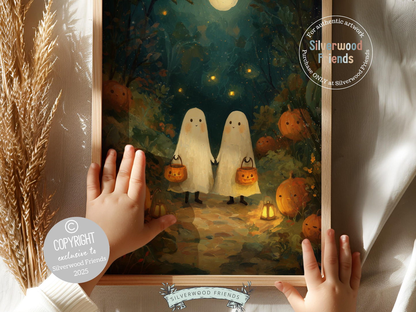 Pumpkin Patch Ghost Landscape, Halloween Printable Wall Art, Cozy Fall Landscape Decor, Ghost Oil Painting Print, Spooky Digital Download