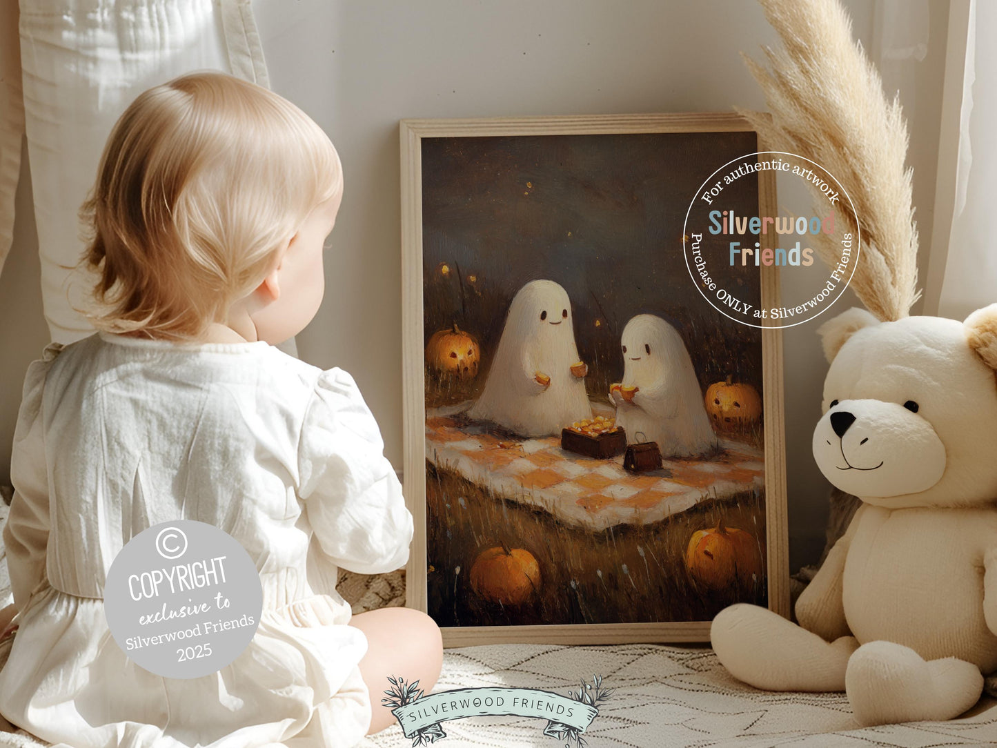 Pumpkin Patch Ghost Landscape, Halloween Printable Wall Art, Cozy Fall Landscape Decor, Ghost Oil Painting Print, Spooky Digital Download