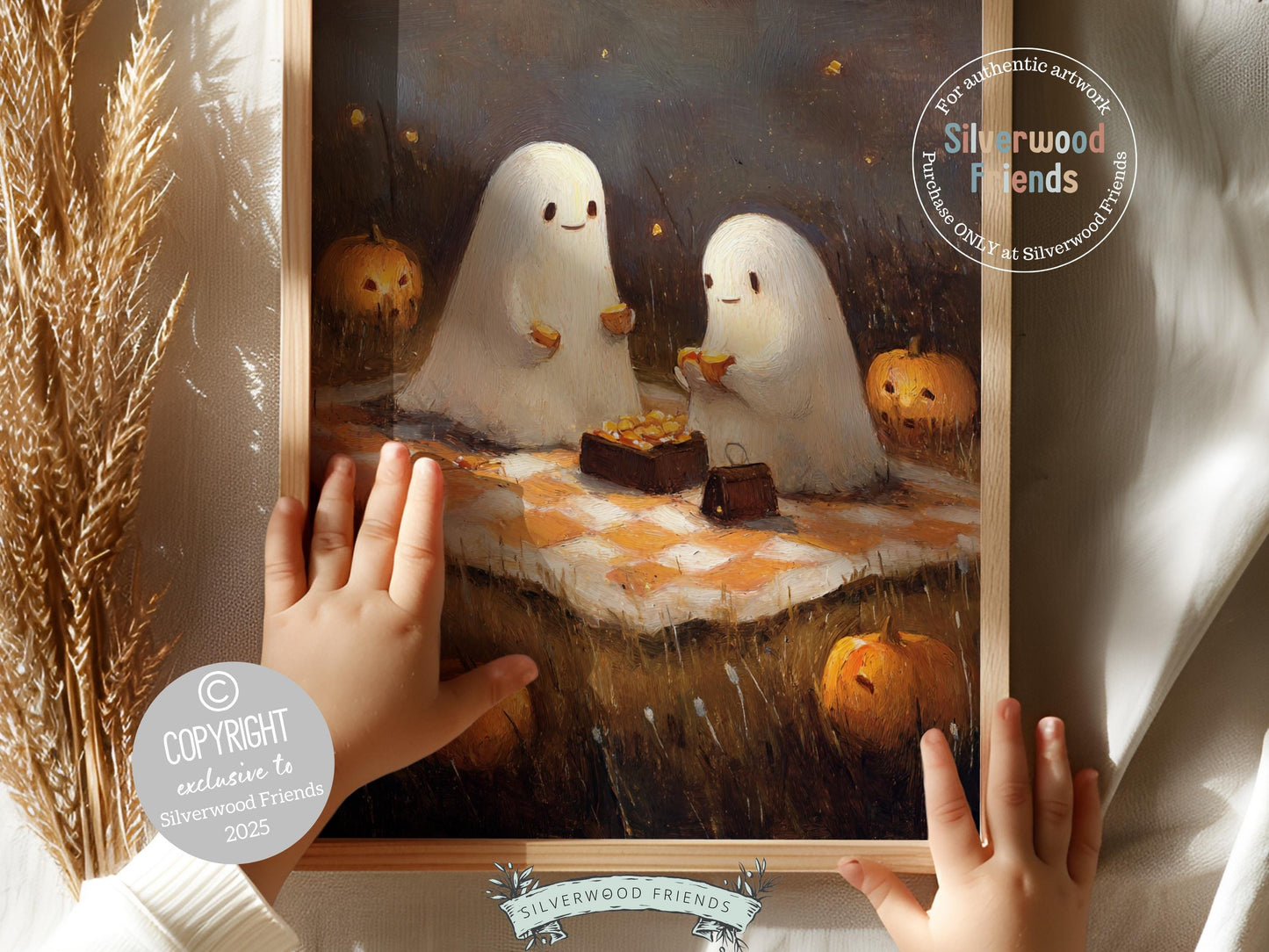 Pumpkin Patch Ghost Landscape, Halloween Printable Wall Art, Cozy Fall Landscape Decor, Ghost Oil Painting Print, Spooky Digital Download