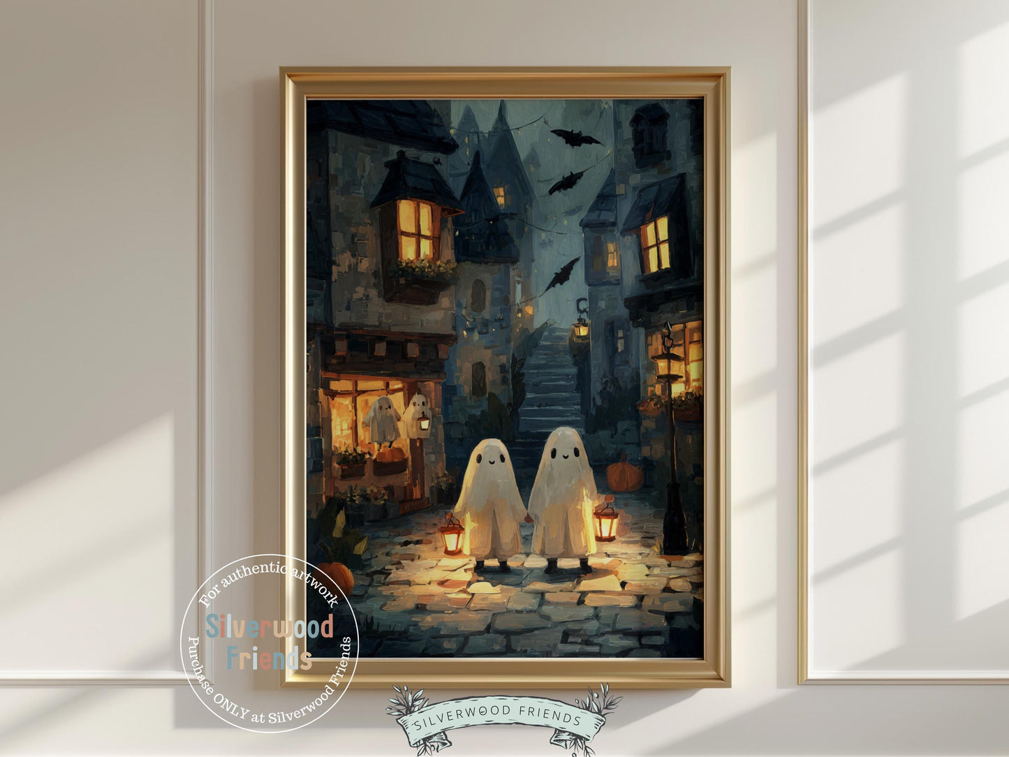 A whimsical Halloween print featuring adorable ghosts carrying lanterns as they wander a cozy autumn street, with friendly bats fluttering above. The perfect seasonal accent for kids’ rooms, fall décor, or a festive Halloween party display.