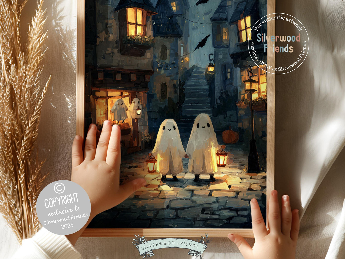 Vintage Halloween Ghost Print, Halloween Printable Wall Art, Cozy Pumpkin Street Fall Decor, Ghost Oil Painting Print, Spooky Digital Print