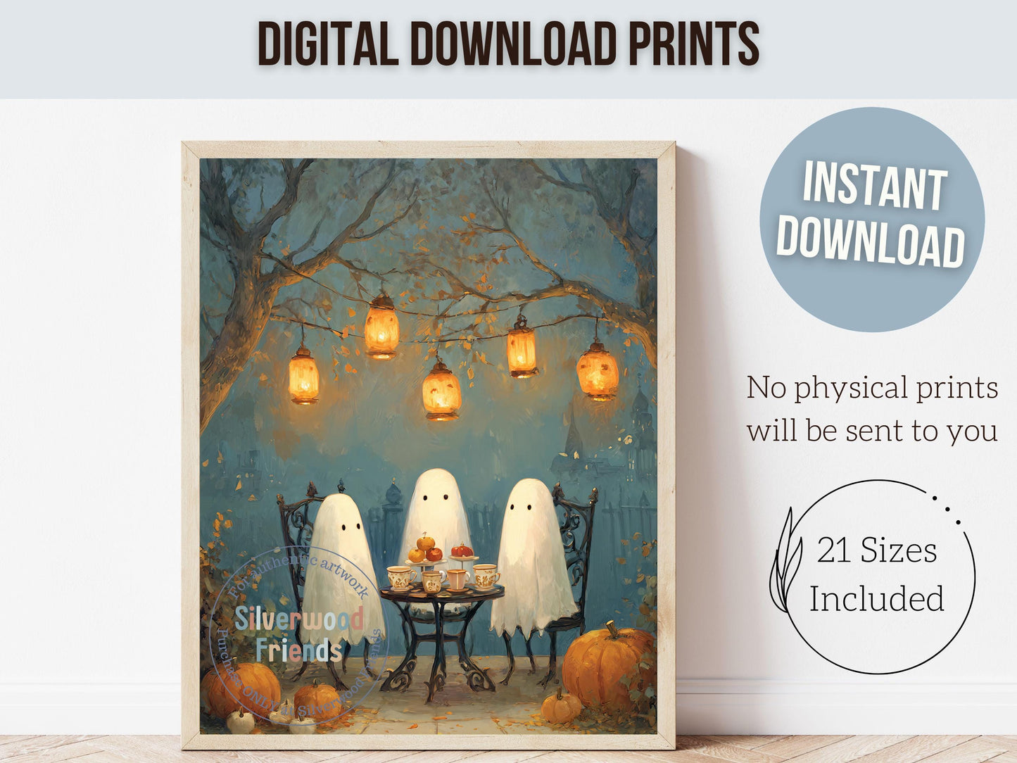 Halloween Ghost Tea Party Print, Halloween Printable Wall Art, Cozy Fall Landscape Decor, Ghost Oil Painting Print, Spooky Digital Download