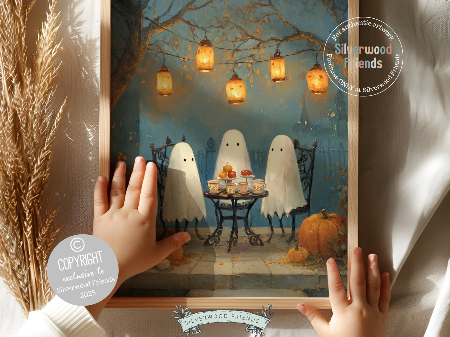 Halloween Ghost Tea Party Print, Halloween Printable Wall Art, Cozy Fall Landscape Decor, Ghost Oil Painting Print, Spooky Digital Download