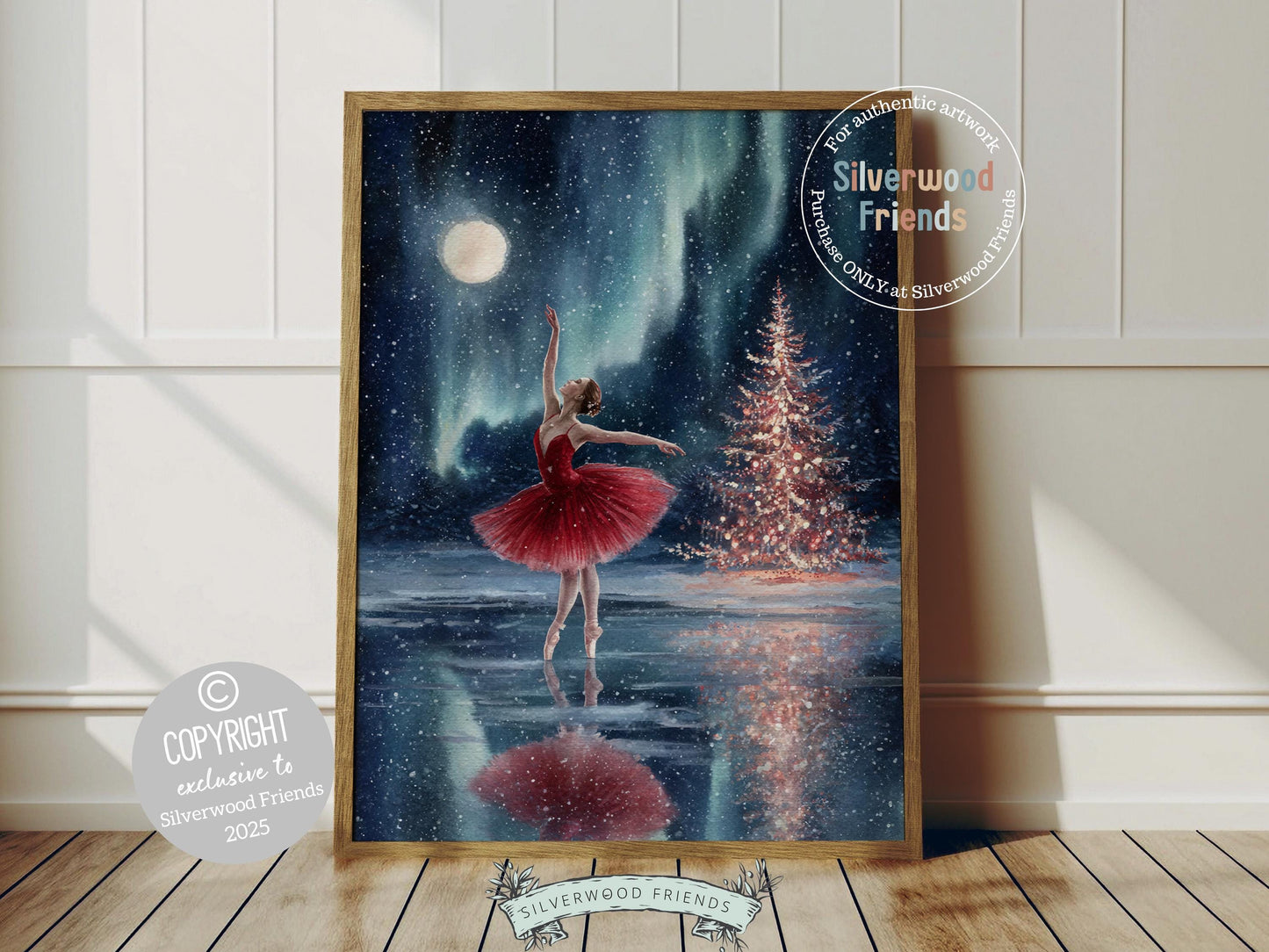 This enchanting Christmas ballet print captures a magical moment as a graceful ballerina dances under a moonlit sky on a frozen lake. The perfect gift for ballet lovers this print brings whimsical romance and festive charm to any space, making it delightful decor all year round!
