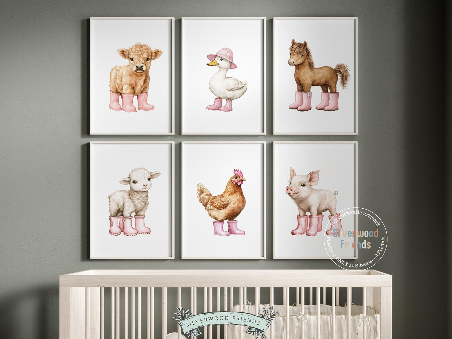 Pink Baby Farm Animal Nursery Prints, Pink Highland Cow Western Farmyard Nursery Decor, Baby Girl Pink Farm Nursery Wall Art Digital Print