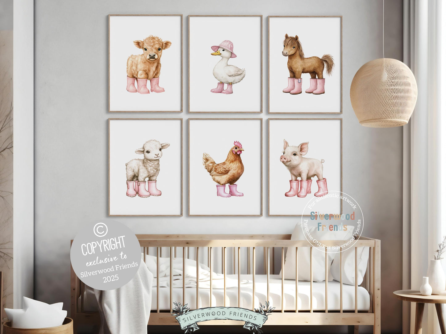 Pink Baby Farm Animal Nursery Prints, Pink Highland Cow Western Farmyard Nursery Decor, Baby Girl Pink Farm Nursery Wall Art Digital Print