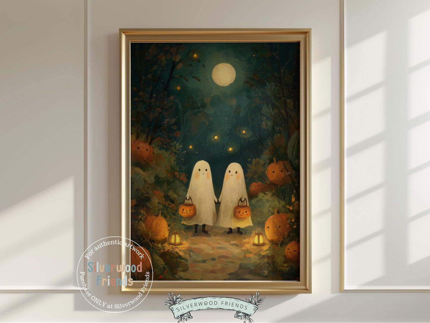 A whimsical Halloween print featuring two friendly ghosts holding pumpkin baskets as they stroll through a cozy autumn landscape. The perfect touch for kids’ rooms, seasonal décor, or a Halloween party display.