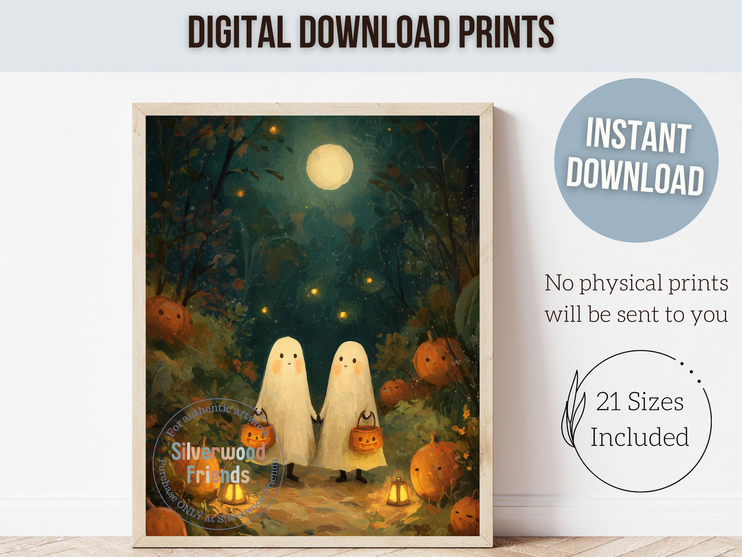 Pumpkin Patch Ghost Landscape, Halloween Printable Wall Art, Cozy Fall Landscape Decor, Ghost Oil Painting Print, Spooky Digital Download
