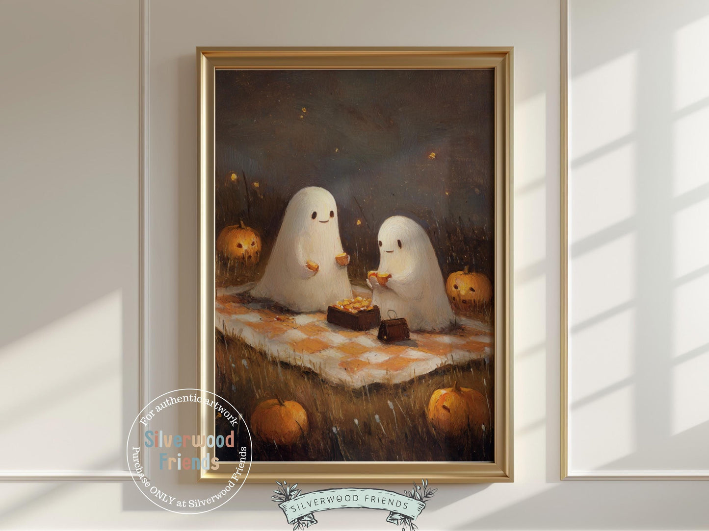 Pumpkin Patch Ghost Landscape, Halloween Printable Wall Art, Cozy Fall Landscape Decor, Ghost Oil Painting Print, Spooky Digital Download