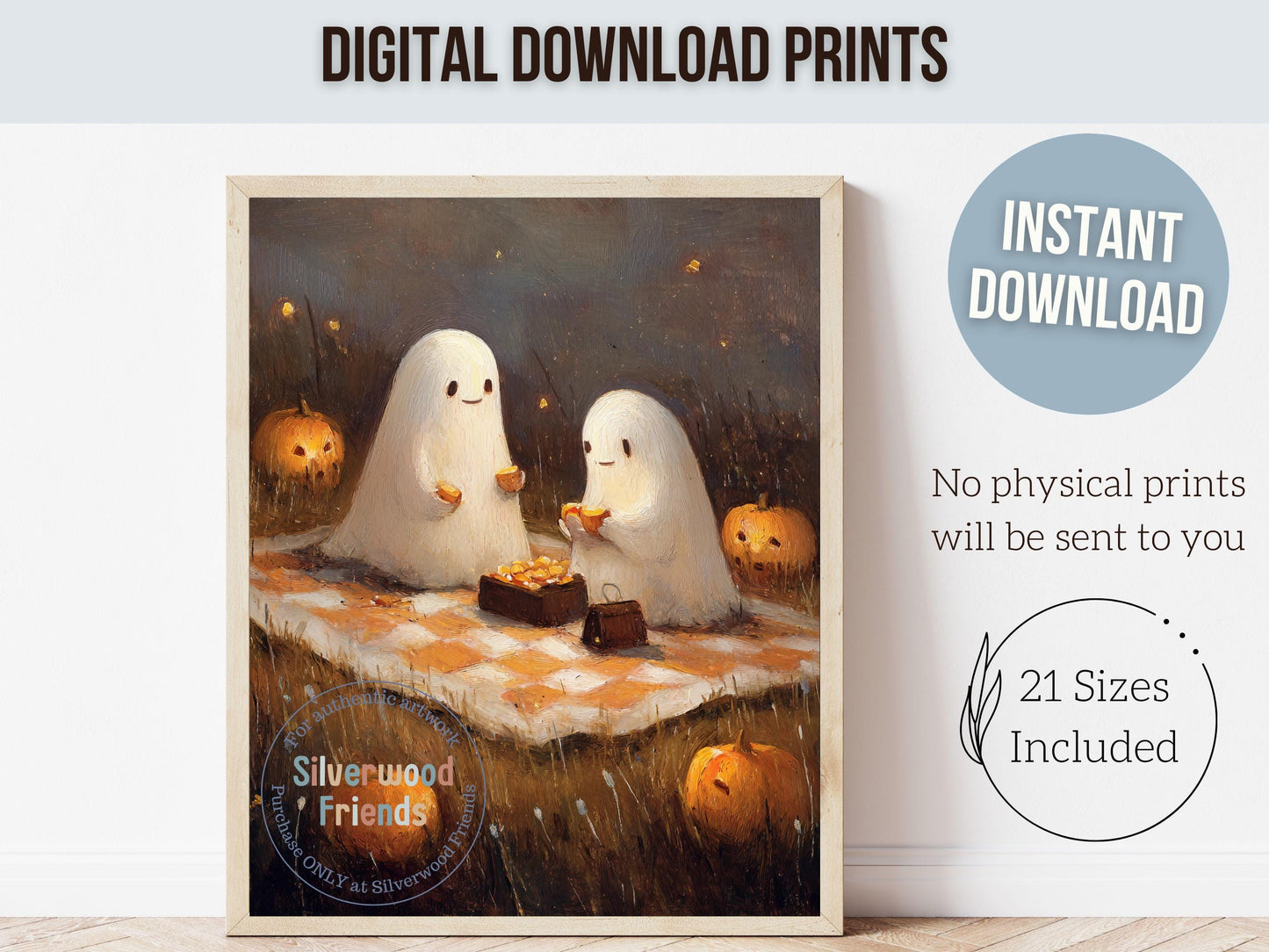 Pumpkin Patch Ghost Landscape, Halloween Printable Wall Art, Cozy Fall Landscape Decor, Ghost Oil Painting Print, Spooky Digital Download