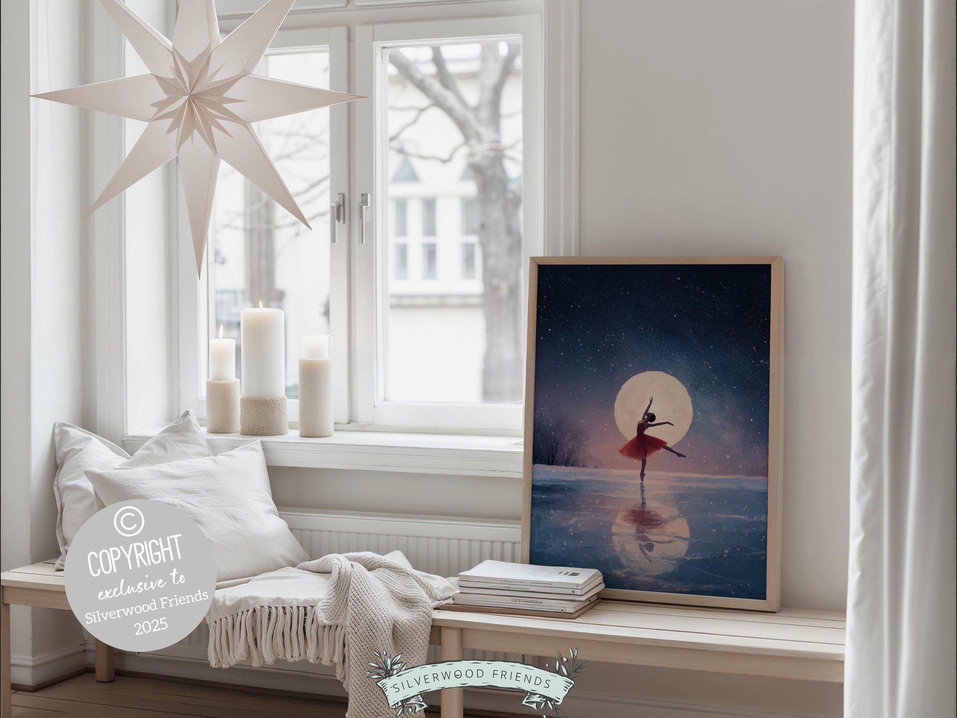 Nutcracker Ballet Christmas Print, Ballerina Christmas Printable Wall Art, Festive Holiday Hosting Decor, Celestial Full Moon Digital Print