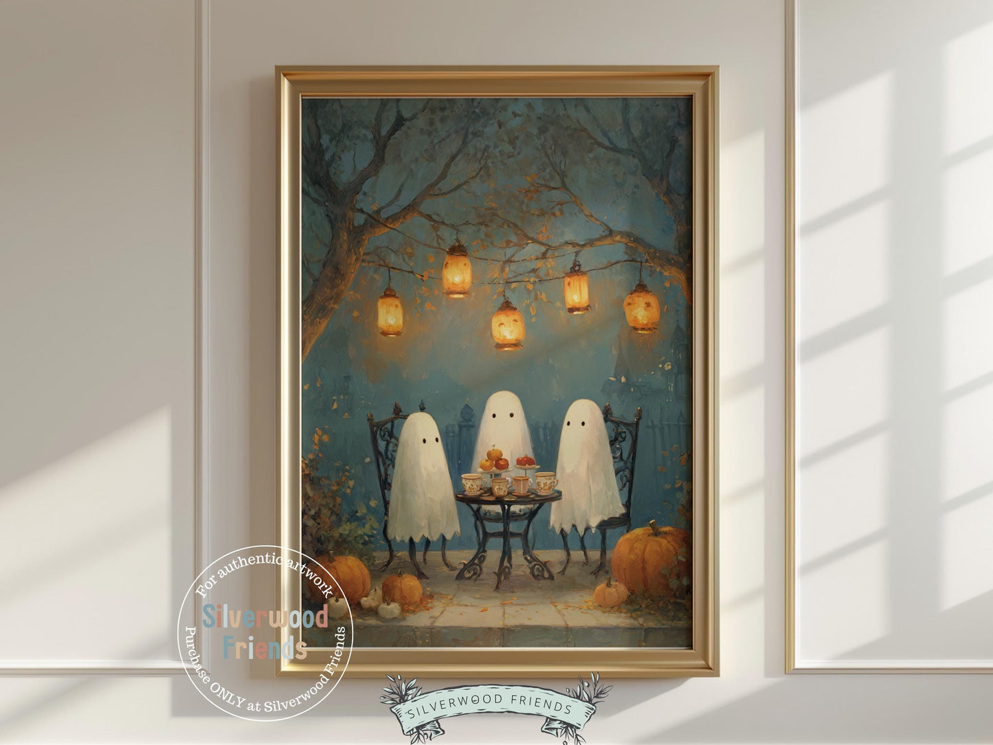 Our charming Halloween print features three friendly ghosts gathered around a tea party, sharing warm cups in a cozy autumn setting. With its playful yet elegant design, this piece is perfect for adding a touch of seasonal whimsy to kids’ rooms, fall-inspired décor, or Halloween party displays.