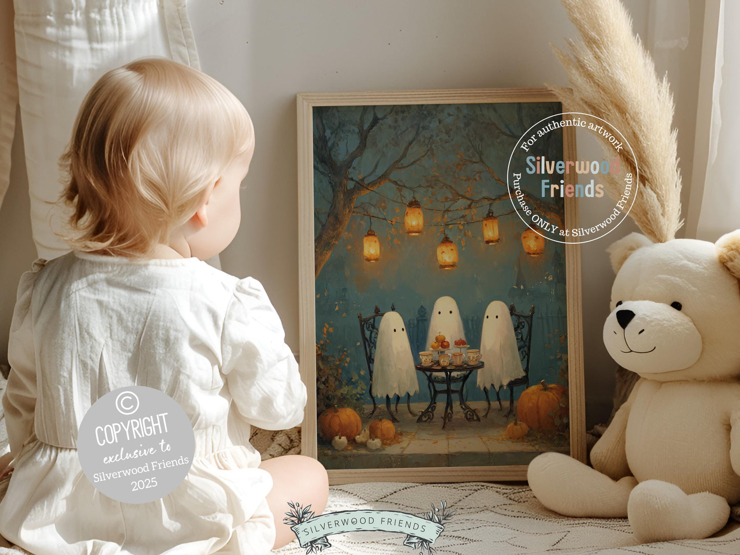 Halloween Ghost Tea Party Print, Halloween Printable Wall Art, Cozy Fall Landscape Decor, Ghost Oil Painting Print, Spooky Digital Download