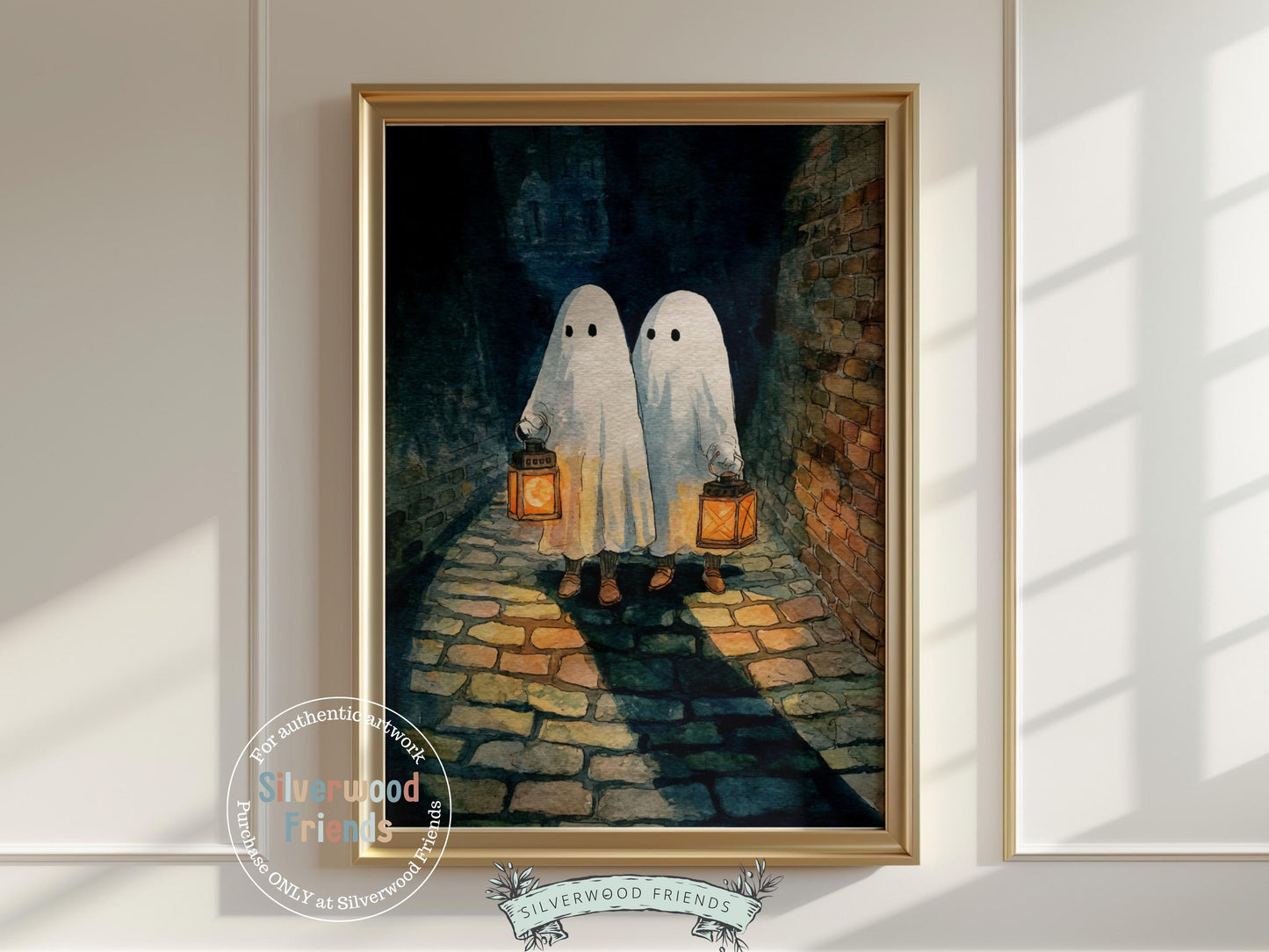 Our enchanting Halloween print captures two friendly ghosts strolling down a quiet autumn street, lanterns glowing softly in their hands. With its warm, cozy Halloween charm, this artwork is the perfect accent for kids’ rooms, seasonal fall décor, or a festive party display.