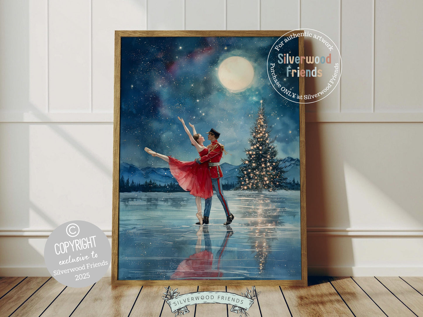 This enchanting Christmas ballet print captures a magical moment as a graceful ballerina dances with a nutcracker soldier under a moonlit sky on a frozen lake. The perfect gift for ballet lovers this print brings whimsical romance and festive charm to any space, making it delightful decor all year round!