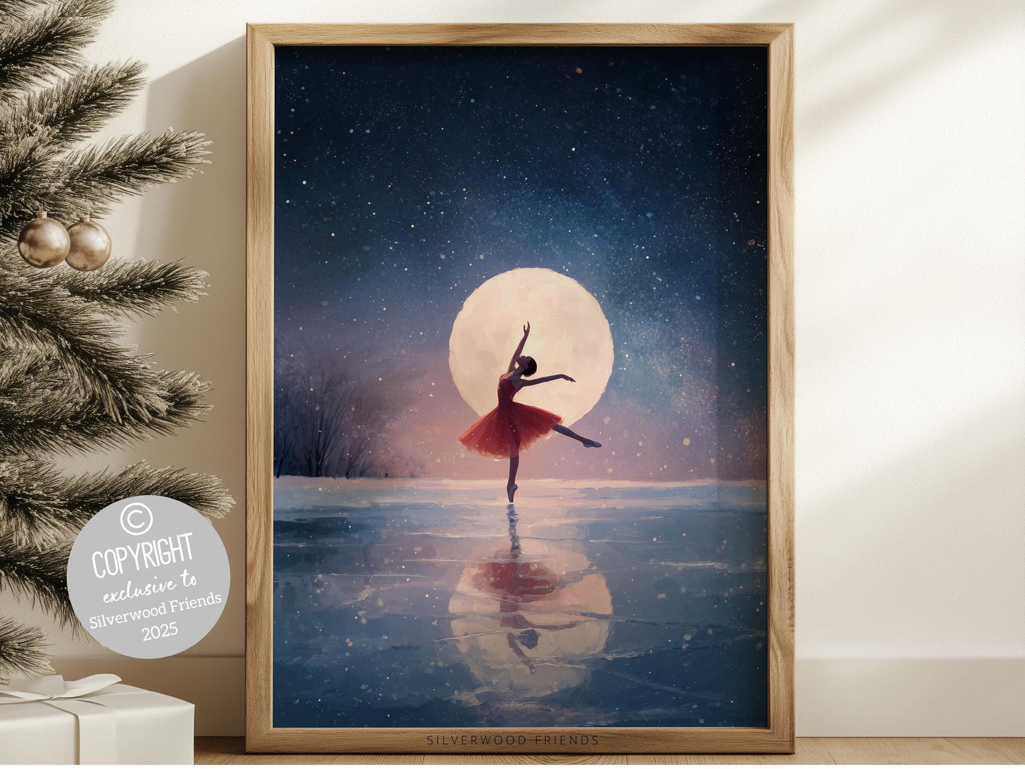 Nutcracker Ballet Christmas Print, Ballerina Christmas Printable Wall Art, Festive Holiday Hosting Decor, Celestial Full Moon Digital Print