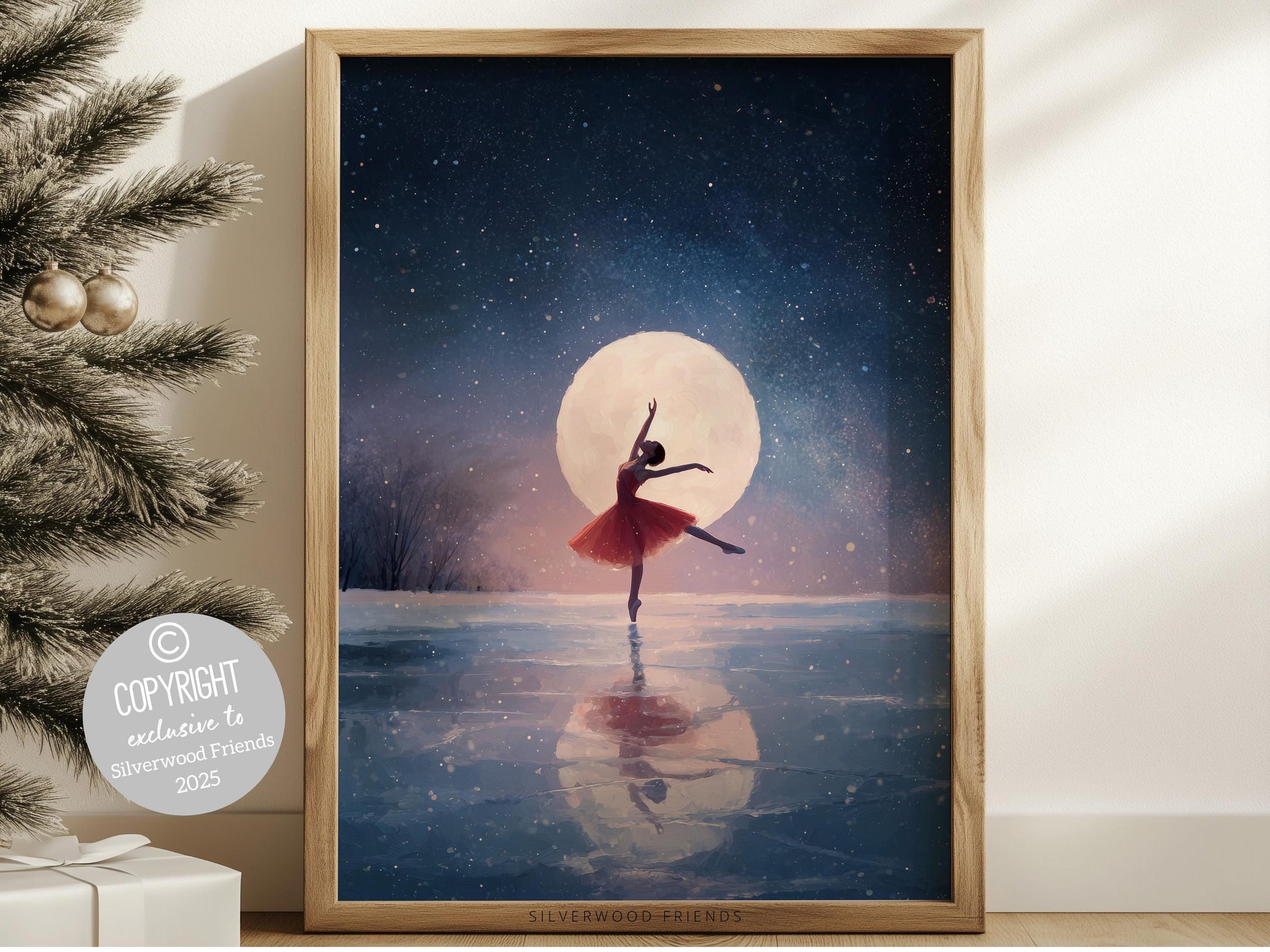 Nutcracker Ballet Christmas Print, Ballerina Christmas Printable Wall Art, Festive Holiday Hosting Decor, Celestial Full Moon Digital Print