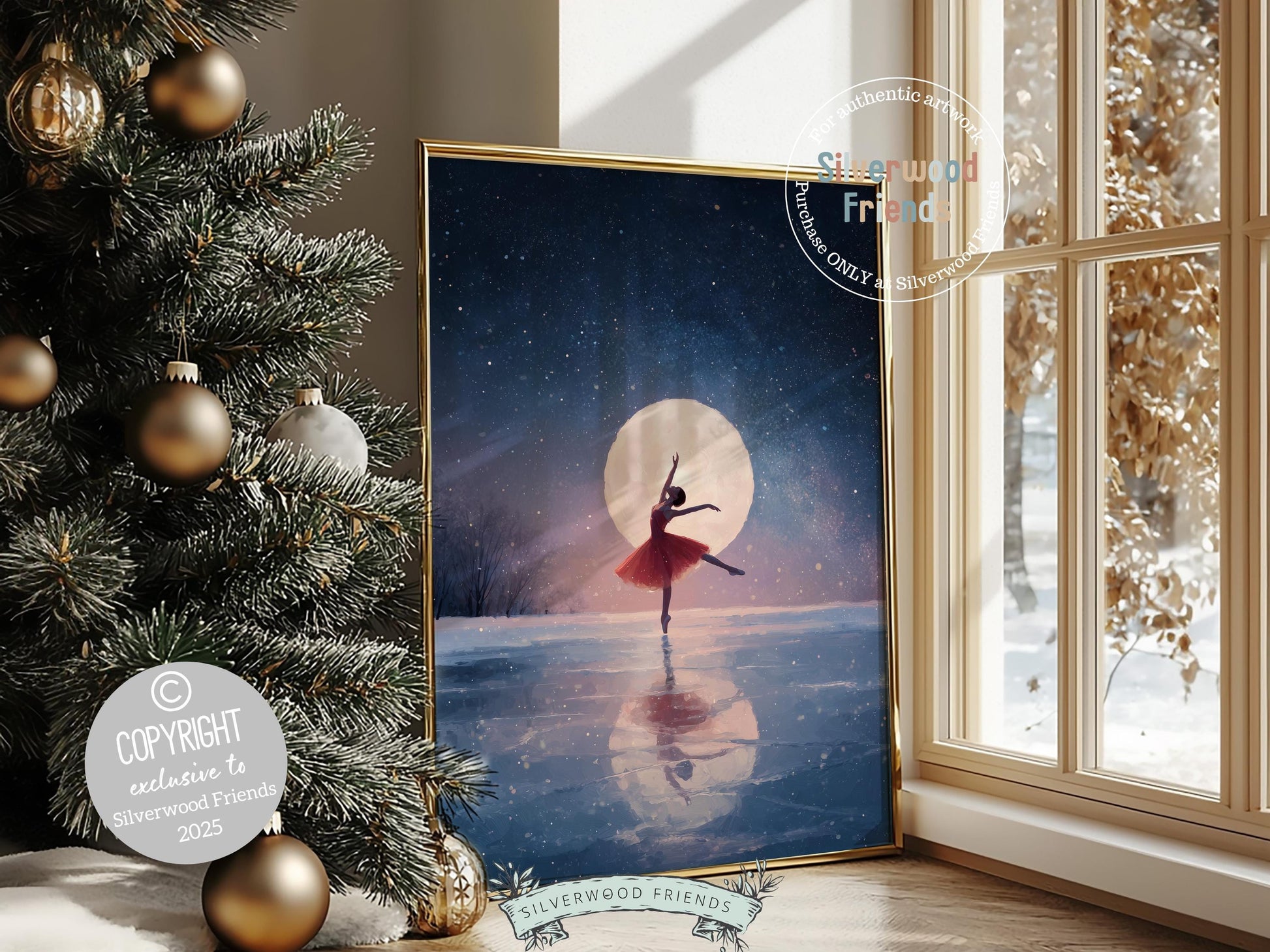 Nutcracker Ballet Christmas Print, Ballerina Christmas Printable Wall Art, Festive Holiday Hosting Decor, Celestial Full Moon Digital Print