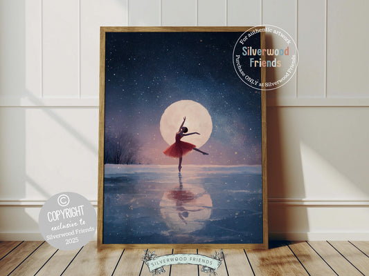 This enchanting Christmas ballet print captures a magical moment as a graceful ballerina dances on a frozen lake until the full moon in winter. The perfect gift for ballet lovers this print brings whimsical romance and festive charm to any space, making it delightful decor all year round!
