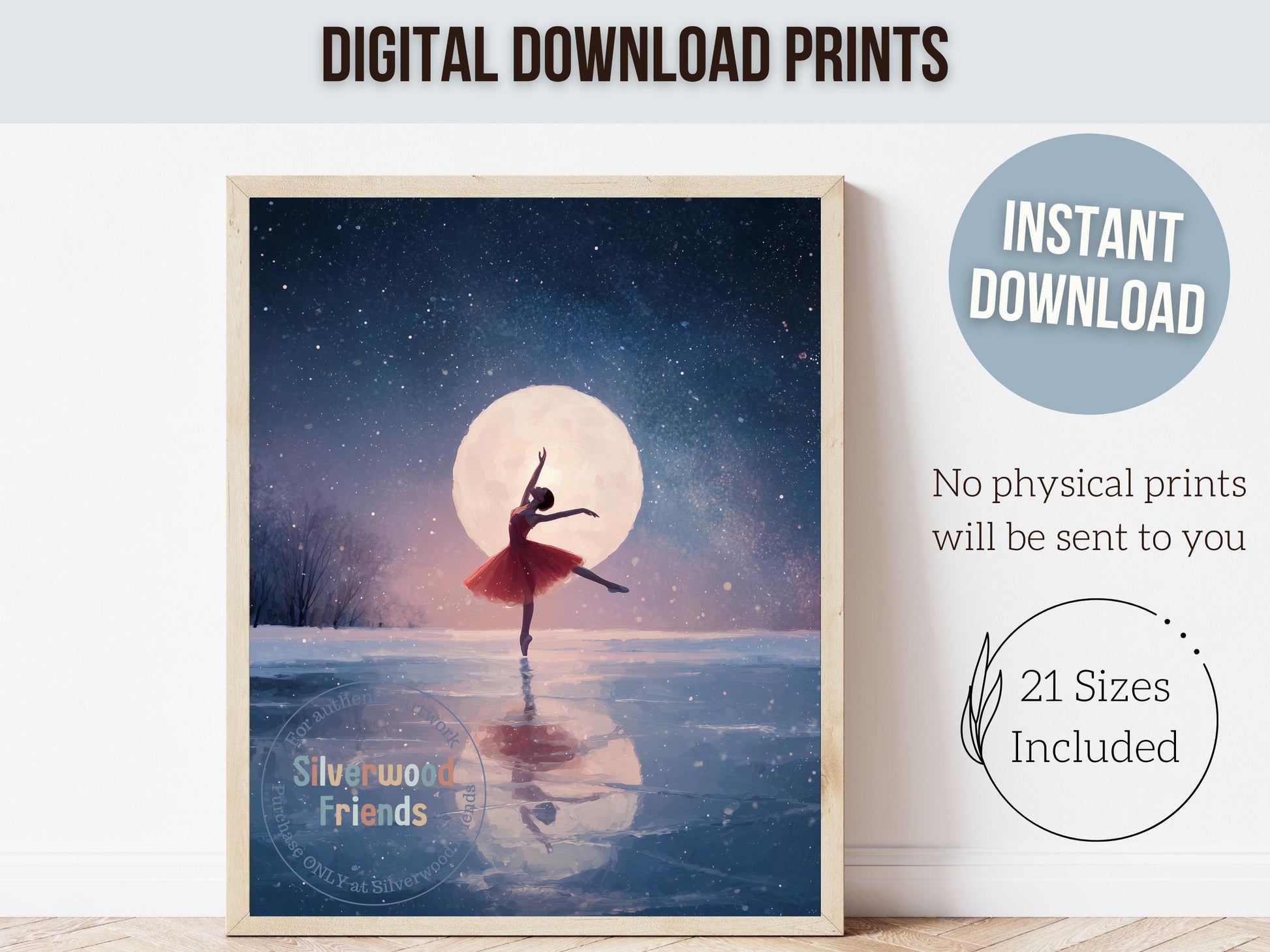Nutcracker Ballet Christmas Print, Ballerina Christmas Printable Wall Art, Festive Holiday Hosting Decor, Celestial Full Moon Digital Print