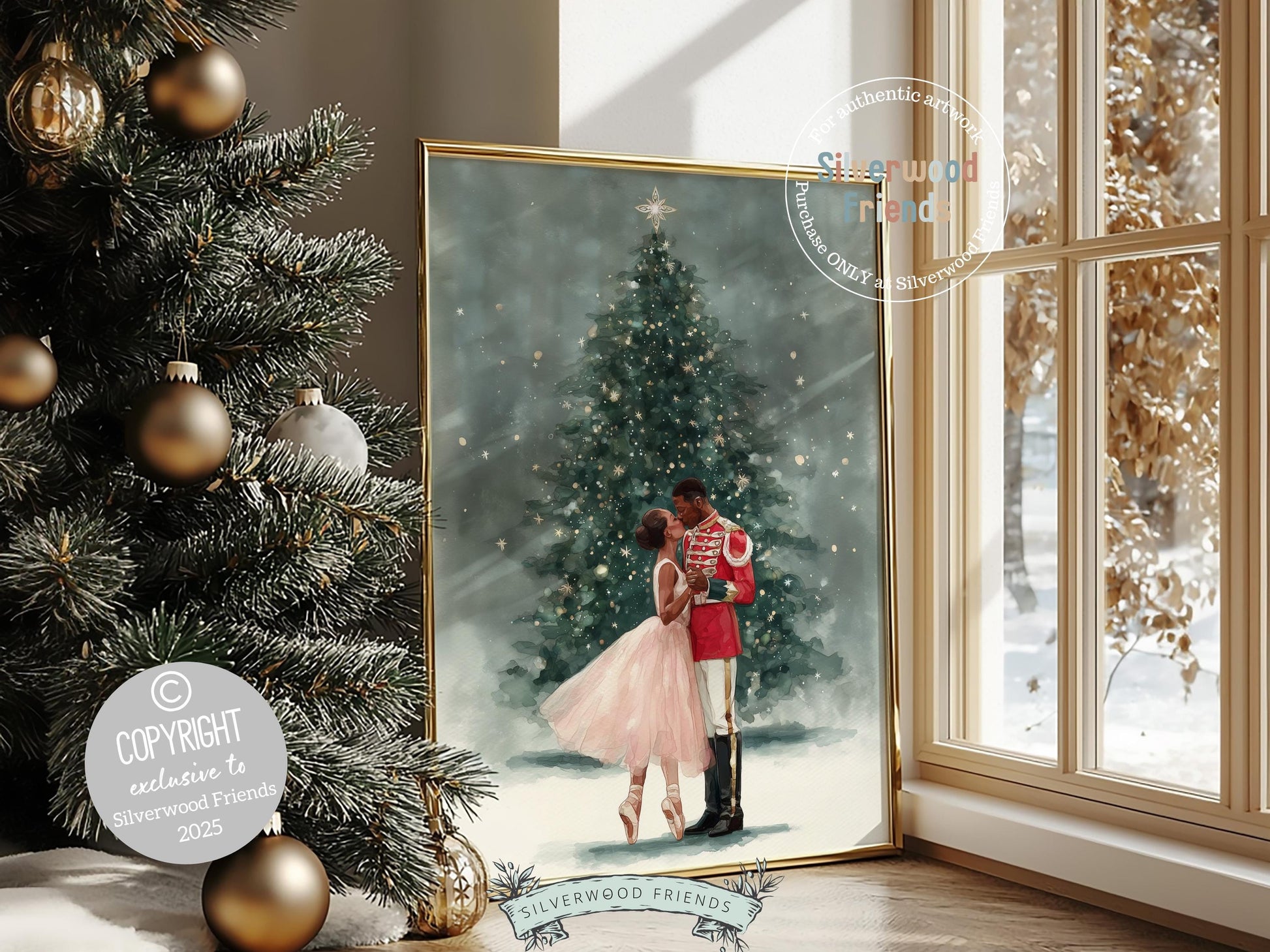 Nutcracker Ballet Christmas Print, African American Ballerina Christmas Printable Wall Art, Holiday Decor, Vintage Christmas Digital Print