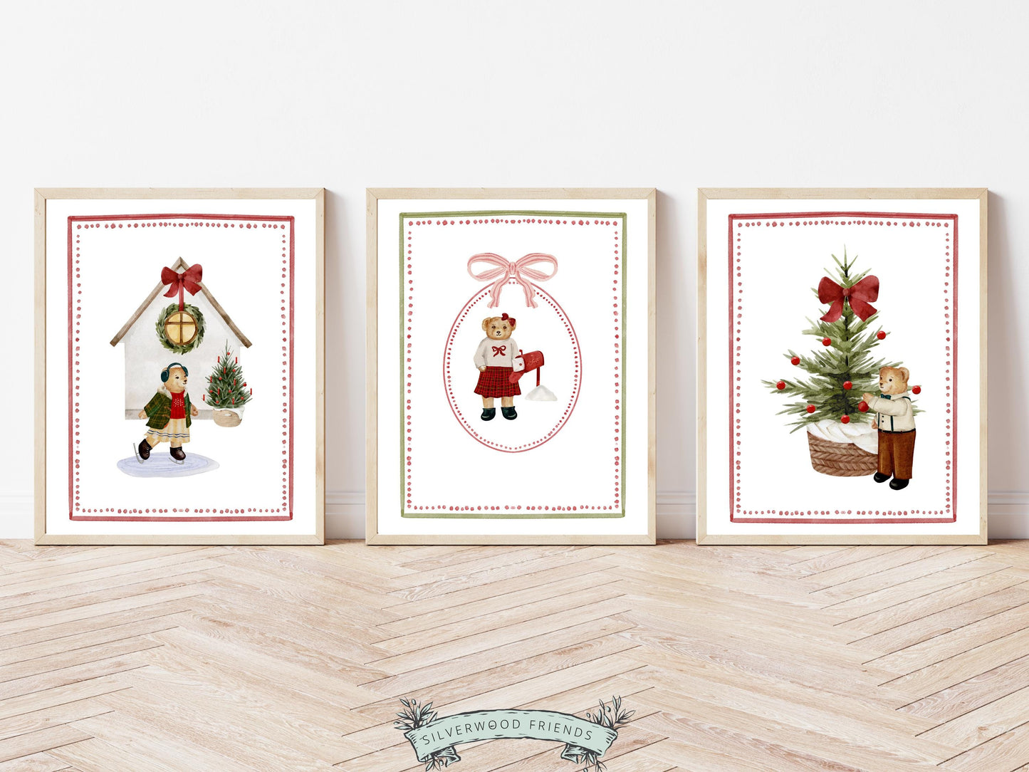 Set of 3 Christmas Holiday Prints, Kids Teddy Bear Christmas Printable Wall Art Posters, Festive Nursery Decor Digital Download Print