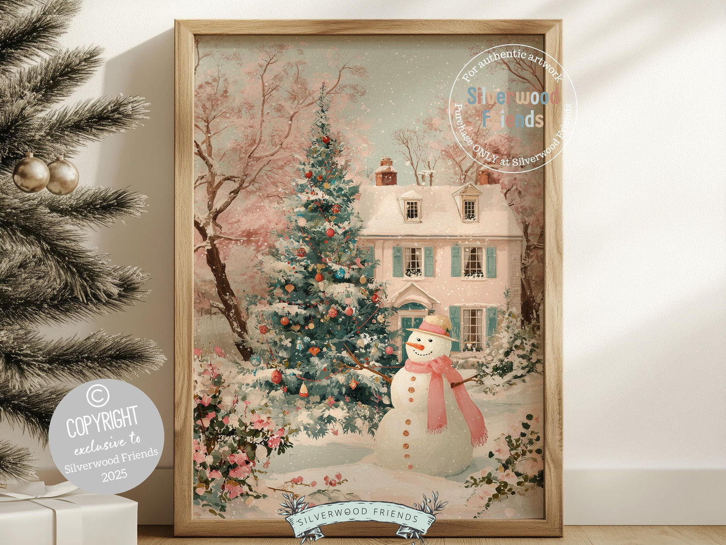 Pink and Green Snowman Print, Pastel Christmas Village Printable Wall Art, Festive Cottagecore Farmhouse Holiday Decor Digital Print