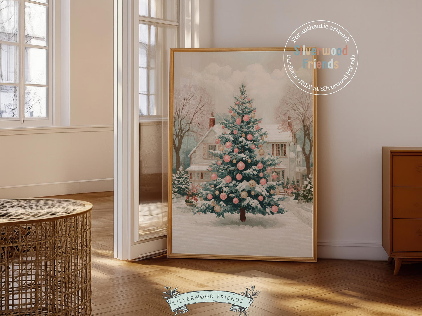 Pink and Green Christmas Tree Print, Pastel Christmas Village Printable Wall Art, Festive Cottagecore Farmhouse Holiday Decor Digital Print